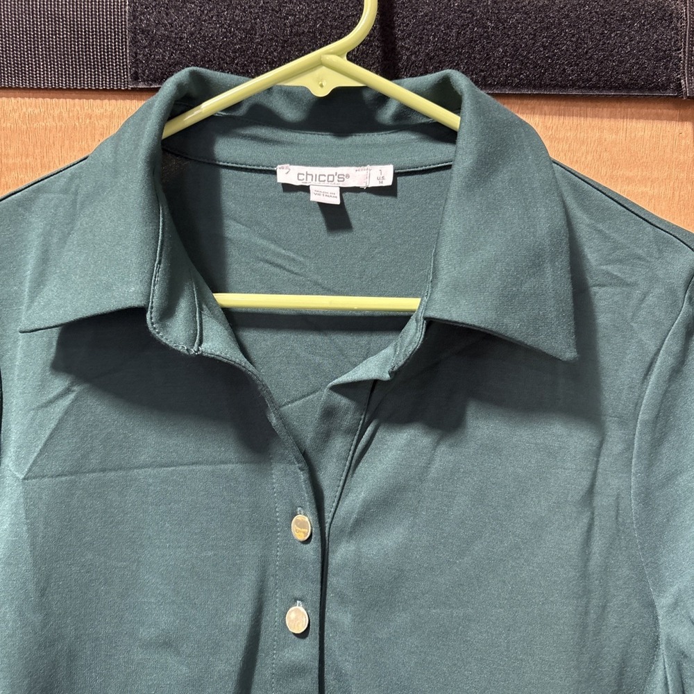 Chico's‎ Womens Tunic Top Sixe 1 Medium Green Button Up Collared Classic